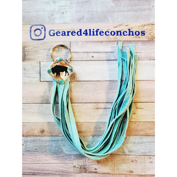Handmade boho buffalo Leather Fringe Western bag charm, Long fringe keychain - Picture 2 of 5